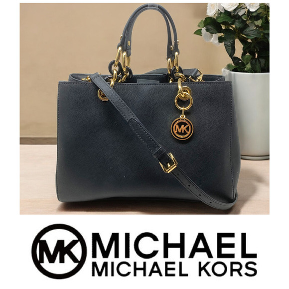Michael Kors Cynthia Black Saffiano Leather Chain Handle Satchel Purse Bag - Picture 1 of 11
